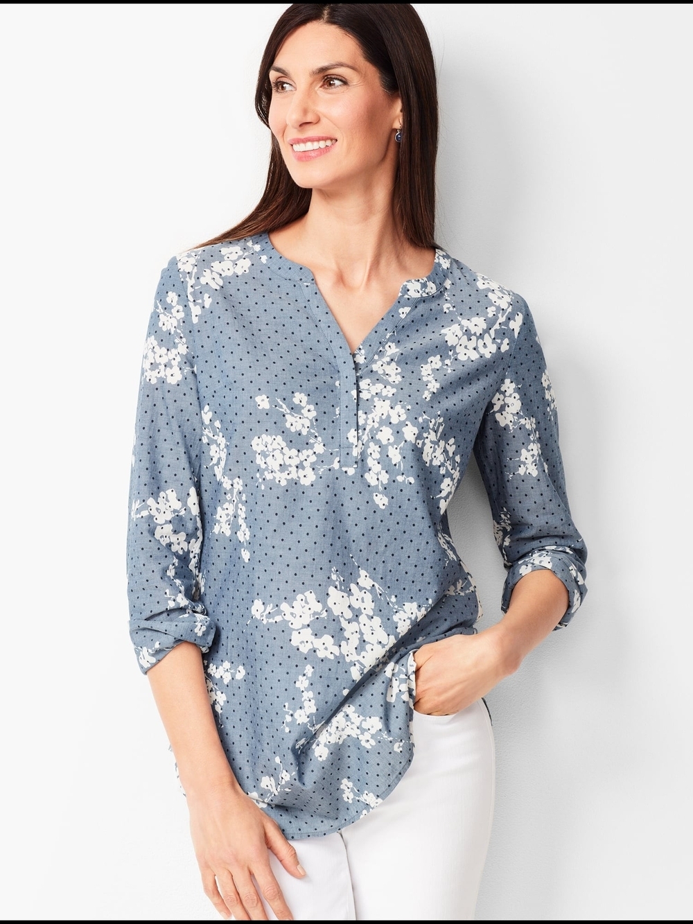 Women's Blue Floral Split-Neck Blouse